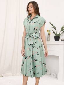 Floral Print Tie Front Shirt Dress - Mint Green - View 3