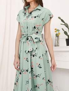 Floral Print Tie Front Shirt Dress - Mint Green - View 4