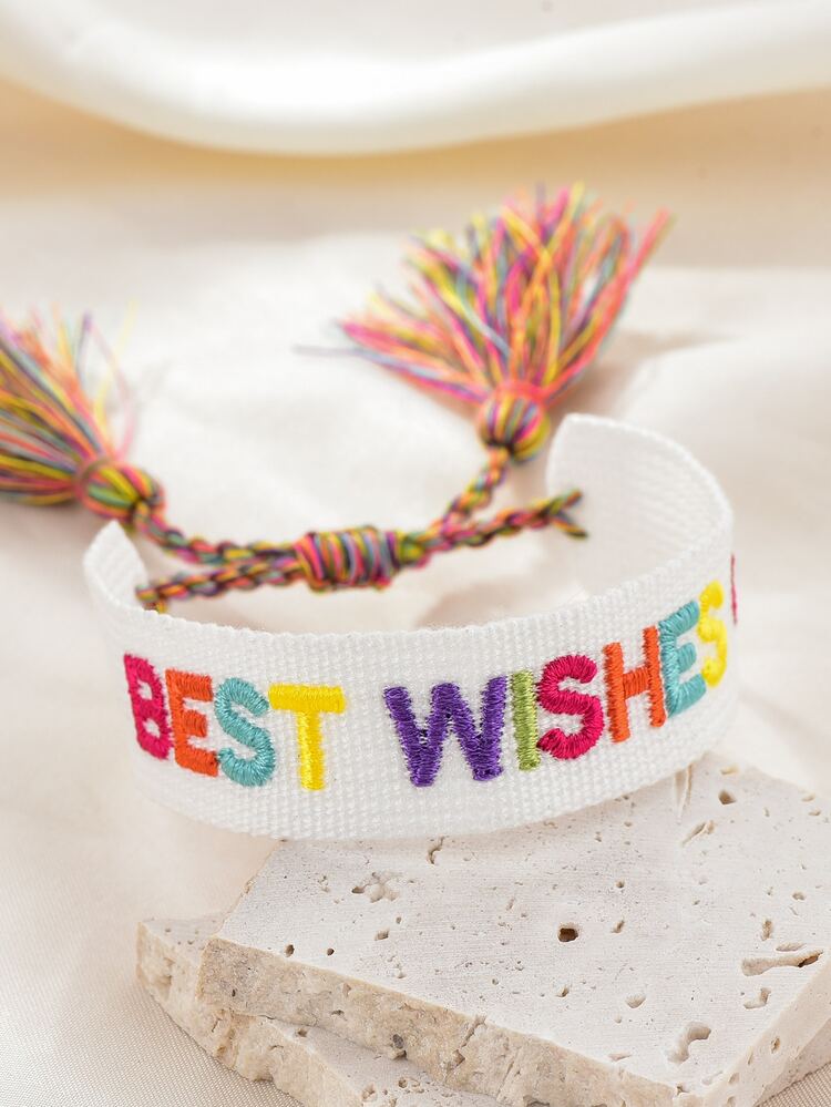 Pulsera con bordado de letra con diseño de fleco - Multicolor - Ver 1