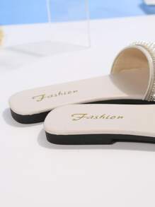 女士时尚大码珍珠设计平底沙滩拖鞋，2024年新款夏季百搭休闲人字拖，防滑平底露趾沙滩度假休闲步行凉鞋 - 米色 - 查看 3