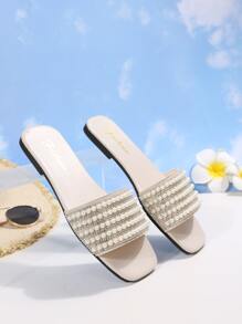 女士时尚大码珍珠设计平底沙滩拖鞋，2024年新款夏季百搭休闲人字拖，防滑平底露趾沙滩度假休闲步行凉鞋 - 米色 - 查看 4