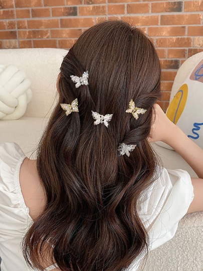 ミニ フェイクパール バタフライ ヘアクリップ 4個セット、女性用小型ヘアアクセサリー、デイリーユースに適したヘアクロー、ヘアジョー、ヘアクランプ、ヘアクラッチ、ヘアクロークリップ、秋冬ボウ、バケーション、夏のアウトフィット、フェスティバル、パーティー