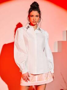Hotel X Embroidery Key Pattern Puff Sleeve Button Front Shirt - White - View 1