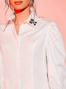 Hotel X Embroidery Key Pattern Puff Sleeve Button Front Shirt - White - View 3