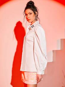 Hotel X Embroidery Key Pattern Puff Sleeve Button Front Shirt - White - View 4