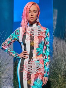 Chelsea Street 海星和條紋印花魚尾裙下擺連衣裙 - 彩色 - 查看 3