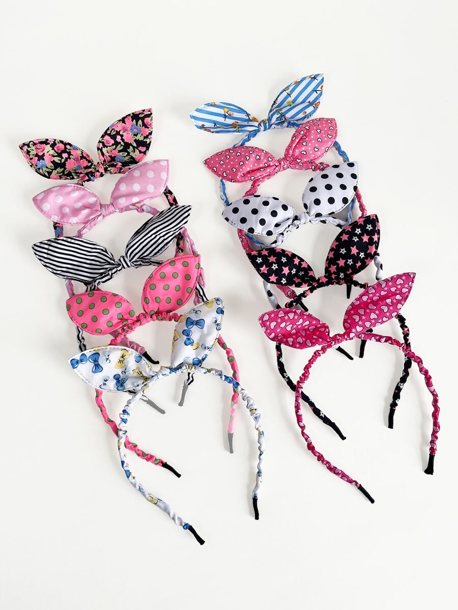 10入組波卡圓點和條紋圖案蝴蝶結裝飾髮箍 - 彩色 - 查看 1