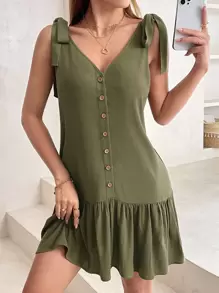 SHEIN PETITE Tie Shoulder Button Front Ruffle Hem Dress