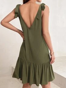 SHEIN PETITE Tie Shoulder Button Front Ruffle Hem Dress