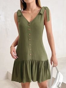 SHEIN PETITE Tie Shoulder Button Front Ruffle Hem Dress