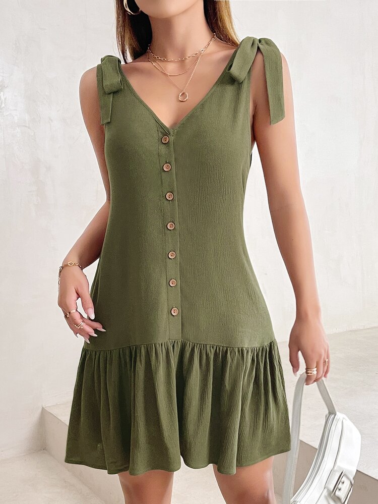 SHEIN PETITE Tie Shoulder Button Front Ruffle Hem Dress - Army Green - View 5