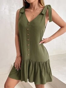 SHEIN PETITE Tie Shoulder Button Front Ruffle Hem Dress