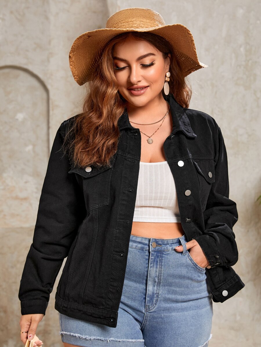 EMERY ROSE Plus Flap Pocket Denim Jacket - Black - View 1