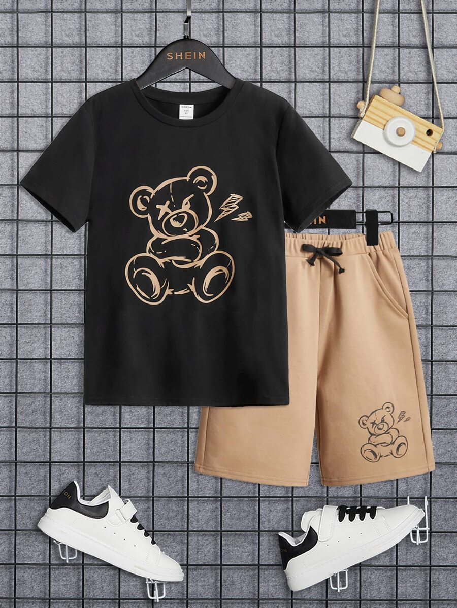 SHEIN Leap Crew Tween Boy Bear Print Tee & Drawstring Waist Shorts - Khaki - View 1