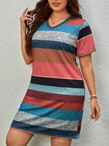 SHEIN Unity 大碼撞色V領T恤洋裝 - 彩色 - 查看 3