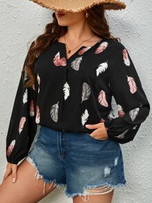 SHEIN Unity Blusa con estampado de pluma de cuello de muesca - Negro - Ver 1