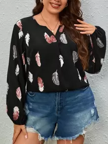 SHEIN Unity Blusa con estampado de pluma de cuello de muesca - Negro - Ver 3