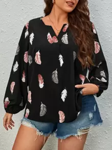 SHEIN Unity Blusa con estampado de pluma de cuello de muesca - Negro - Ver 5