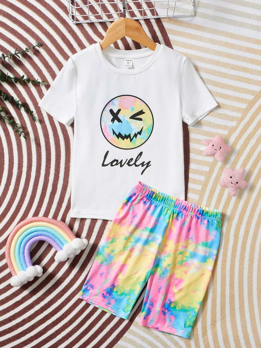 SHEIN 女孩1入組卡通和字母圖案T恤和1入組紮染短褲睡衣套裝 - 彩色 - 查看 1