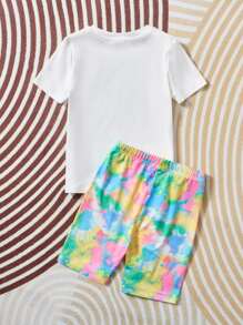 SHEIN 女孩1入組卡通和字母圖案T恤和1入組紮染短褲睡衣套裝 - 彩色 - 查看 2