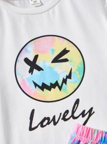 SHEIN 女孩1入組卡通和字母圖案T恤和1入組紮染短褲睡衣套裝 - 彩色 - 查看 3