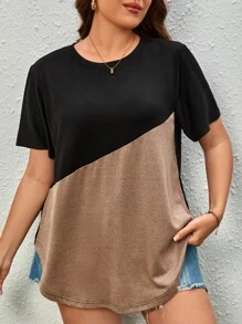 SHEIN Unity Plus Two Tone Curved Hem Tee - Black - View 3