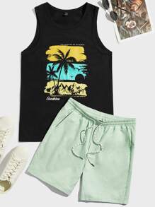 Manfinity VCAY Hombres con slogan & con estampado de árbol Top tank & de cintura con cordón Shorts - Multicolor - Ver 1