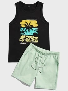 Manfinity VCAY Hombres con slogan & con estampado de árbol Top tank & de cintura con cordón Shorts - Multicolor - Ver 3