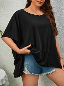 SHEIN Essnce Plus Solid Batwing Sleeve High Low Hem Tee - Black - View 4