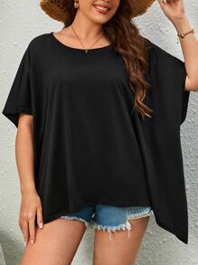 SHEIN Essnce Plus Solid Batwing Sleeve High Low Hem Tee - Black - View 5