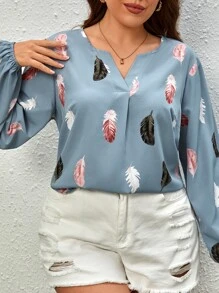 SHEIN Unity Plus Feather Print Notched Neck Blouse - Dusty Blue - View 1
