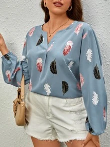 SHEIN Unity Plus Feather Print Notched Neck Blouse - Dusty Blue - View 4