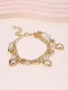 Bead Decor Heart Charm Bracelet - Yellow Gold - View 1