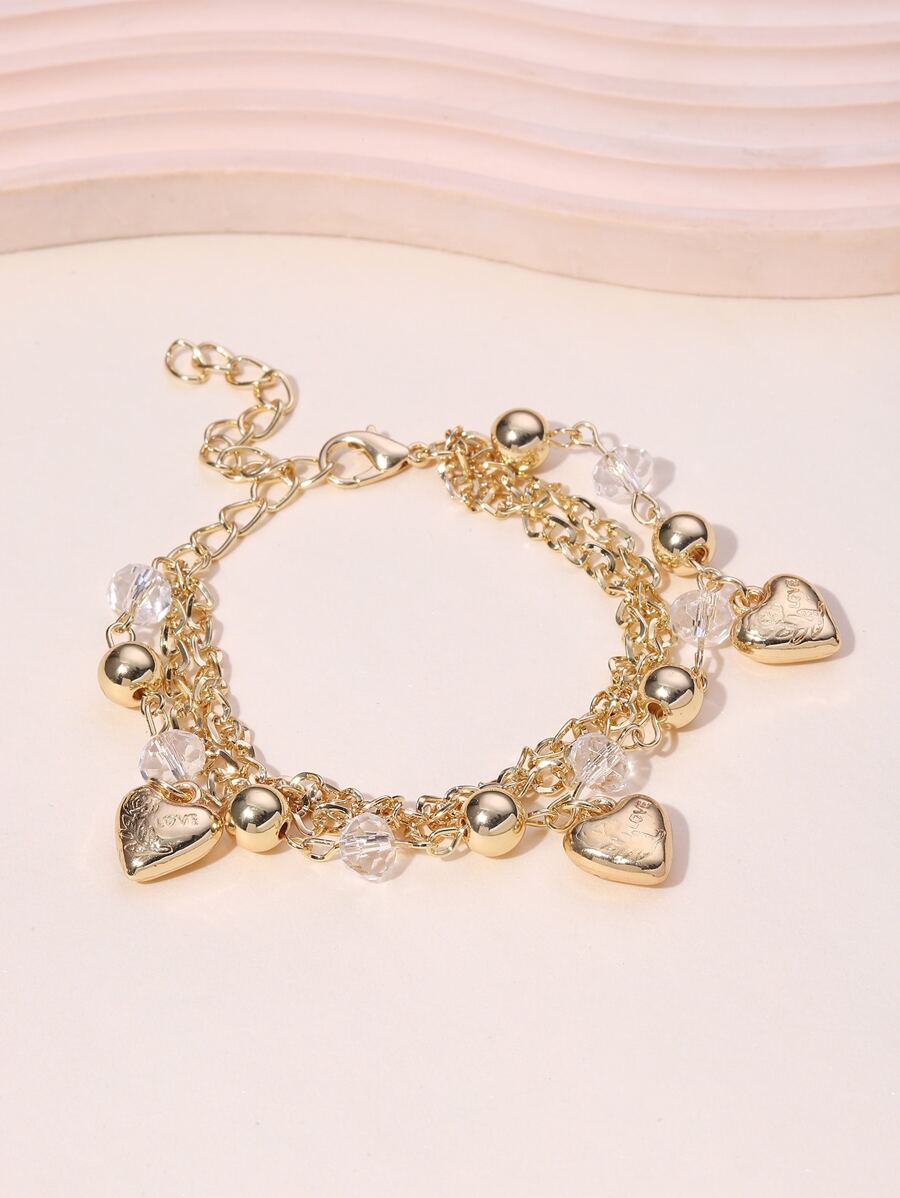 Bead Decor Heart Charm Bracelet - Yellow Gold - View 1
