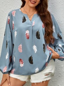 SHEIN Unity Plus Feather Print Notched Neck Blouse - Dusty Blue - View 5