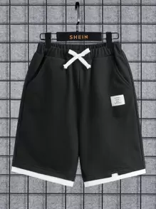 SHEIN Boys Letter Patched Detail Drawstring Waist Shorts - Black - View 1