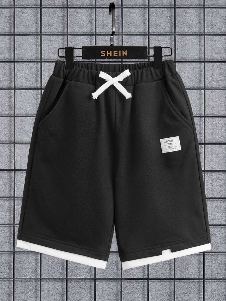 SHEIN Boys Letter Patched Detail Drawstring Waist Shorts - Black - View 1
