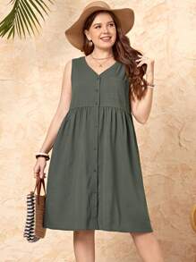 EMERY ROSE Plus Button Front Smock Dress Casual Women Dresses - Dark Green - View 1