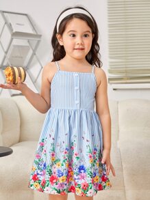 SHEIN Leap Crew 小女童條紋圖案和印花吊帶連衣裙 - 彩色 - 查看 1