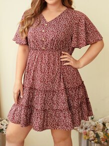 SHEIN VCAY Plus 1pc Allover Plants Print Ruffle Hem Dress - Red and White - View 4