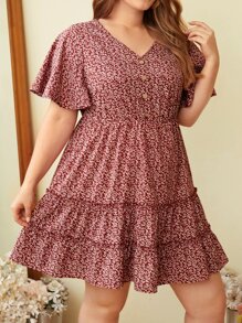 SHEIN VCAY Plus 1pc Allover Plants Print Ruffle Hem Dress - Red and White - View 8