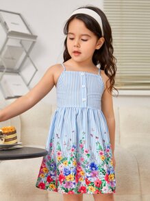 SHEIN Leap Crew 小女童條紋圖案和印花吊帶連衣裙 - 彩色 - 查看 3