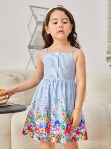 SHEIN Leap Crew 小女童條紋圖案和印花吊帶連衣裙 - 彩色 - 查看 5