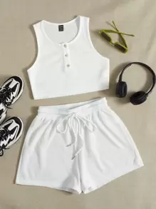 SHEIN EZwear Half Button Crop Tank Top & Drawstring Waist Shorts - White - View 1