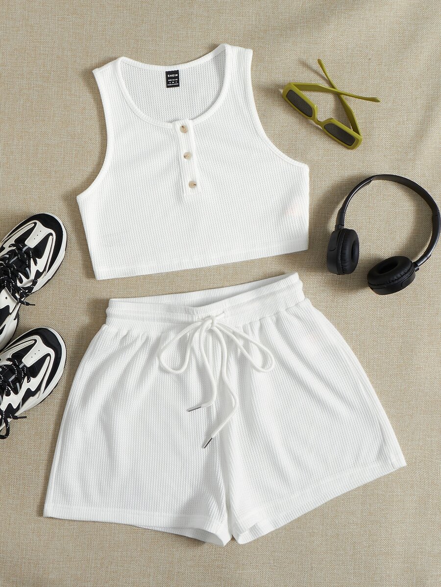 SHEIN EZwear Half Button Crop Tank Top & Drawstring Waist Shorts - White - View 1