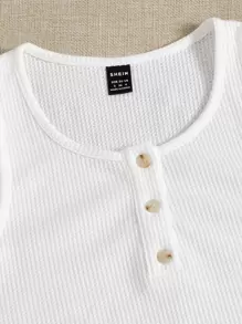 SHEIN EZwear Half Button Crop Tank Top & Drawstring Waist Shorts - White - View 3