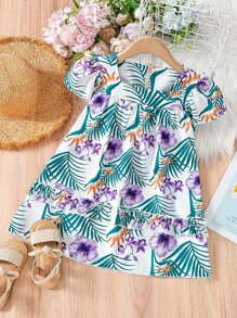 Toddler Girls Tropical Print Ruffle Hem Smock Dress - White - View 1