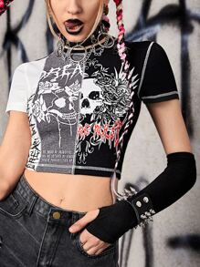 ROMWE PUNK Skull & Letter Graphic Crop Tee - Black and White - View 1