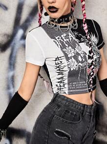ROMWE PUNK Skull & Letter Graphic Crop Tee - Black and White - View 3