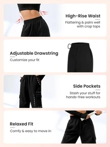 Easithlete Drawstring Waist Flap Pocket Side Cargo Sports Trousers - Black - View 3